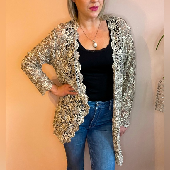 Shimmery Champagne Floral Crochet Long Sleeve Fancy Cardigan - Picture 1 of 6